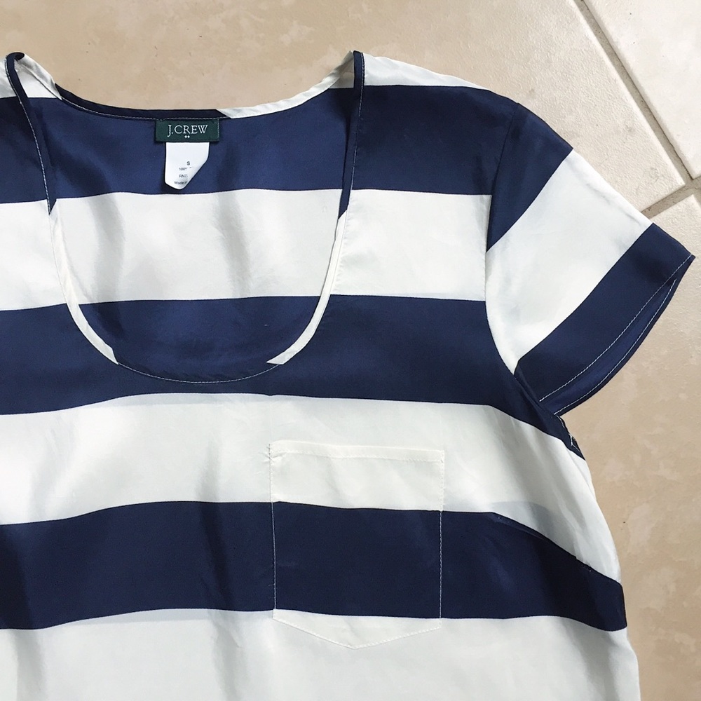 SOLD J Crew • 100% silk navy striped popover top - Picture 3 of 6